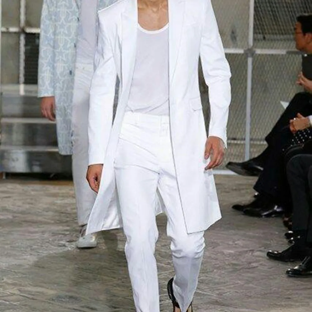 

Летняя длинная куртка, белые брюки, смокинги для жениха, свадебные костюмы для мужчин, мужские блейзеры с заостренным лацканом, Мужское пальто из 2 предметов, брюки для выпускного