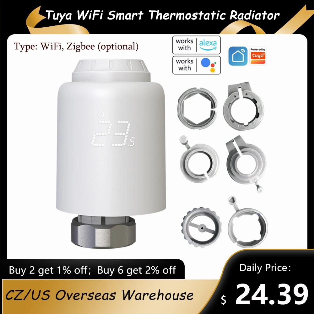 

Умный термостатический клапан радиатора Tuya WiFi, программируемый смарт-контроллер температуры TRV, работает с Alexa Google Home