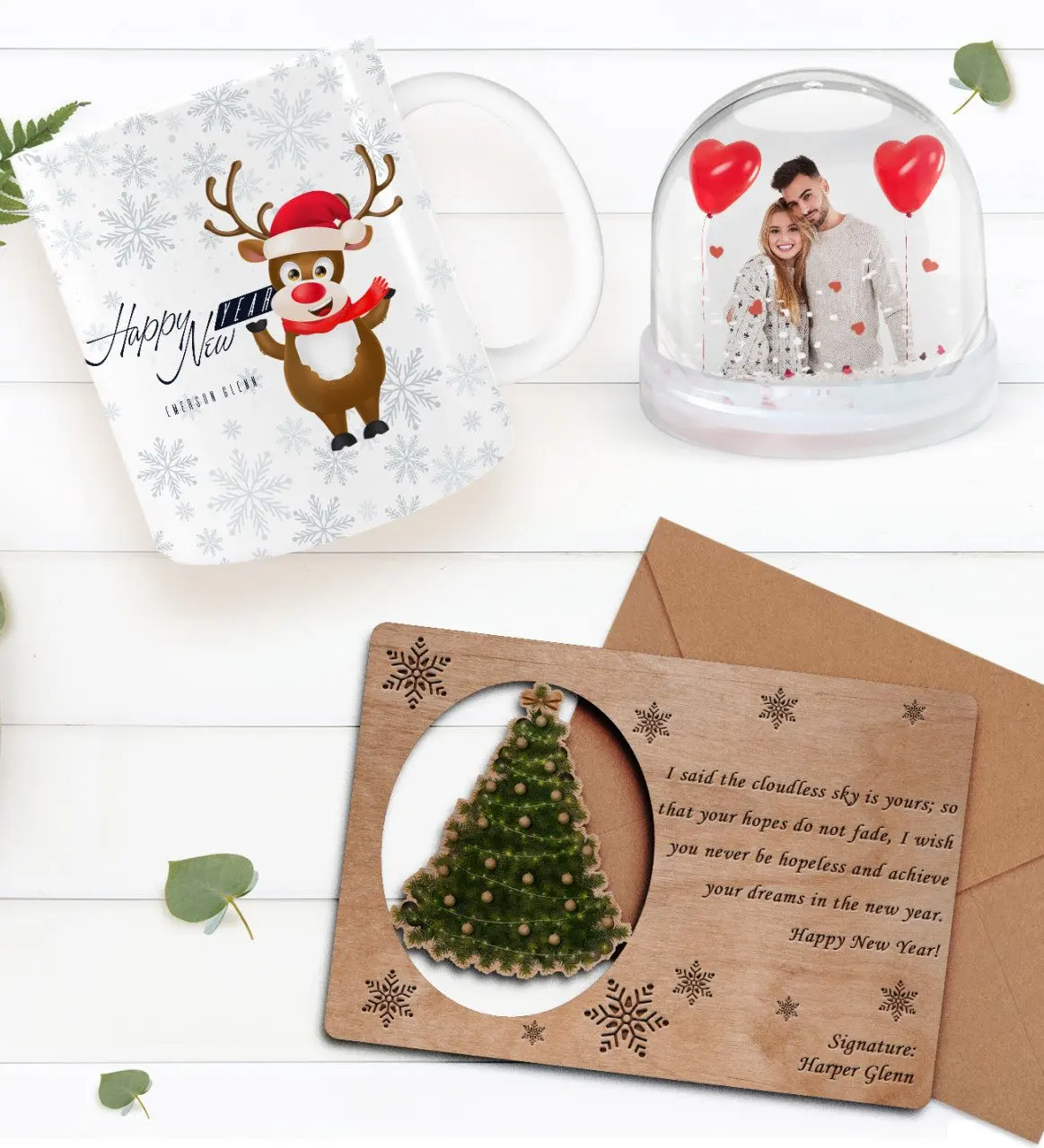 

Персонализированная фотография снежный шар и новогодняя кружка и ретро Деревянная Рождественская открытка подарок