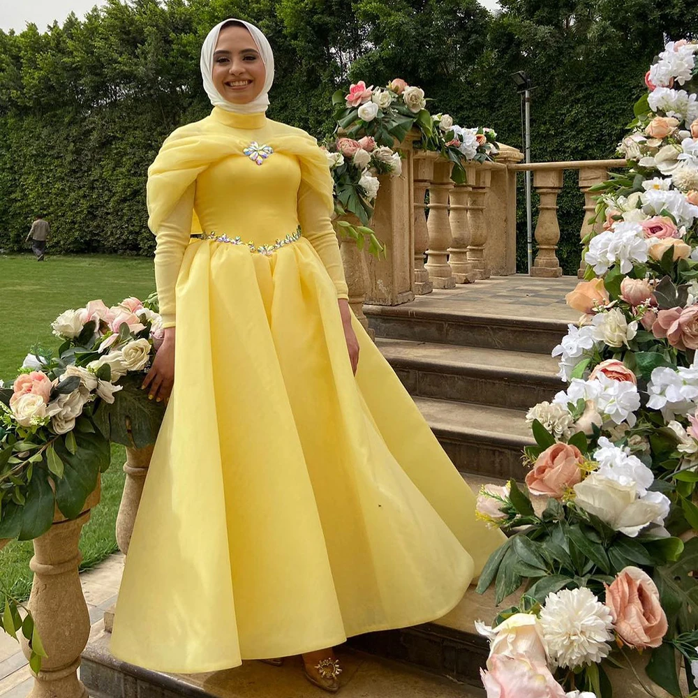 

New Yellow Prom Dresses High Neck Long Sleeves Ankle Length Organza Crystal Muslim Women Formal Event Dress فستان سهرة نسائي