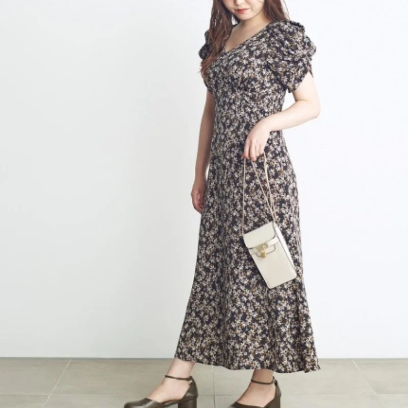 

Женское винтажное платье с цветочным принтом, элегантное платье с V-образным вырезом и пышными рукавами, приталенное платье в японском стил...