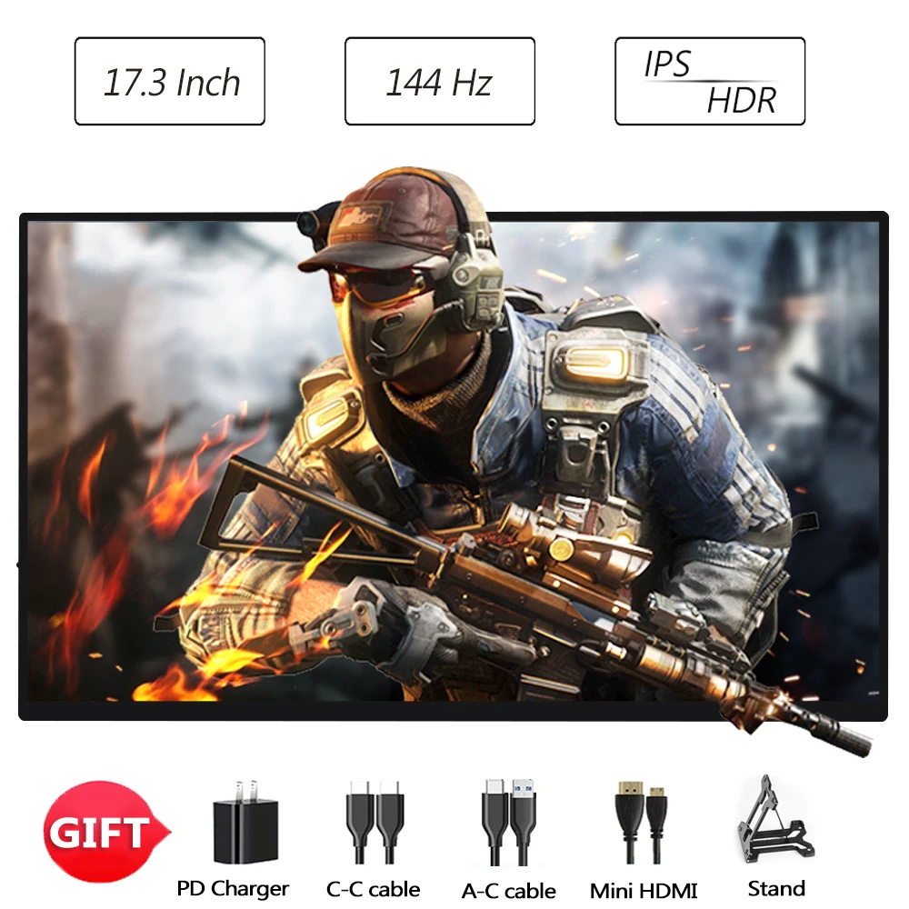 

17.3 Inch 144hz Portable Gaming Monitor FreeSync 300cd/m Brightness 100% sRGB Color Gamut HDR IPS Thin And Light Mobile Display