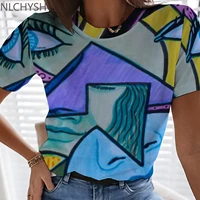 summer womens t shirt impressionist graffiti 3d printing short sleeved casual round neck elegant loose oversized female t shirt