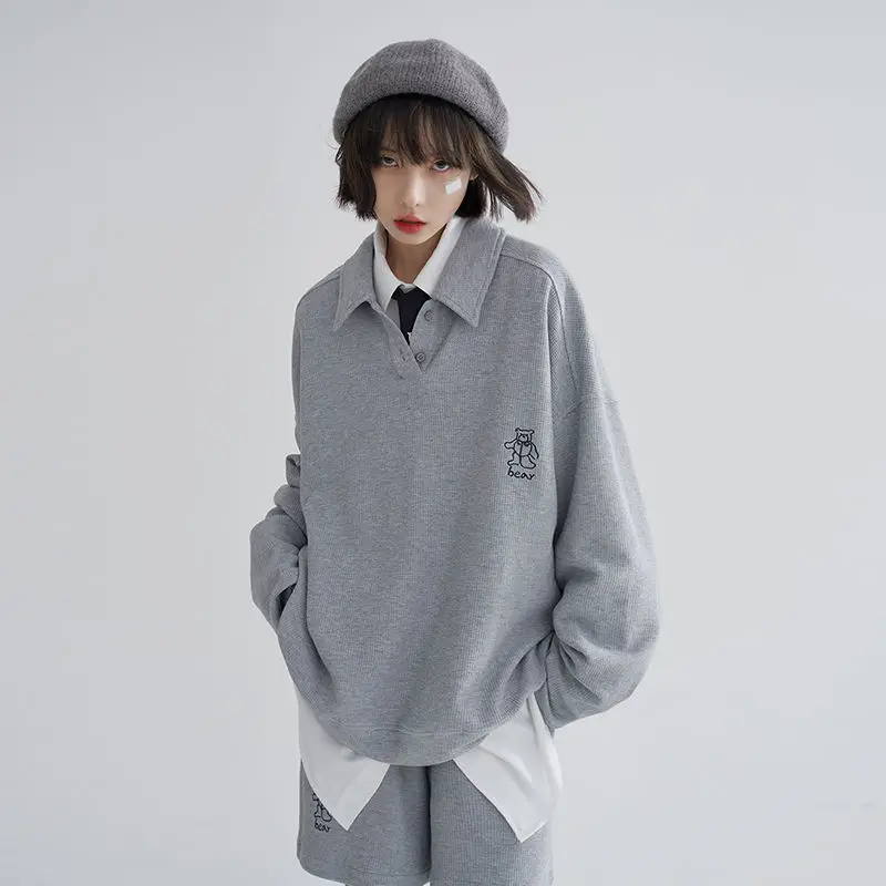 

Deeptown Korean Harajuku Sweatshirts Women Solid Casual Preppy Style Female Autumn Pullovers Turndown Collar Tops Classic Chic