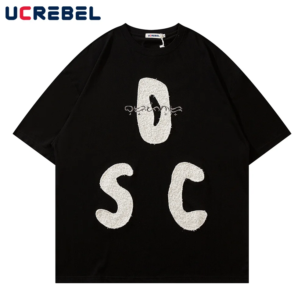 

Футболка мужская с короткими рукавами, свободная уличная одежда с вышивкой, нашивкой и надписью, хлопковая рубашка с капюшоном, с рукавом до...