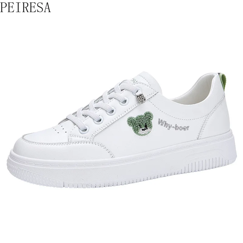 Flat Casual Shoes Leather 2022 Spring and Autumn New Bear Lace Up White Shoes Elastic Women's Shoes