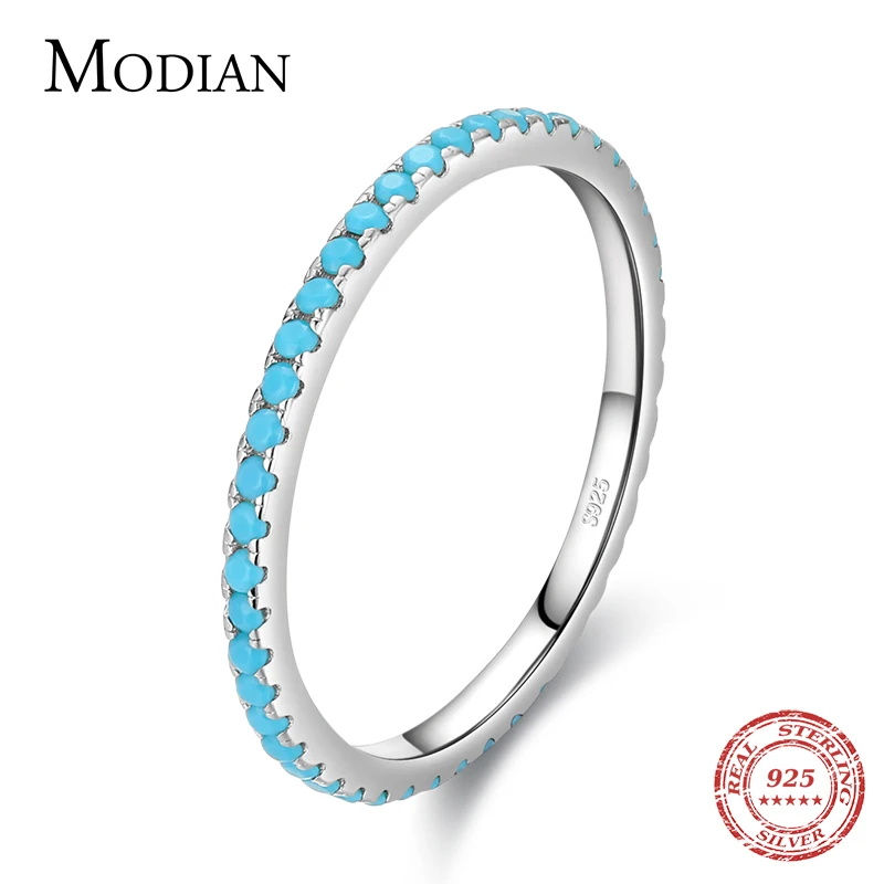 Modian 100% 925 Sterling Silver Classic Exquisite Circle Turquoise Charm Stackable Finger Ring For Women Trendy Fine Jewelry