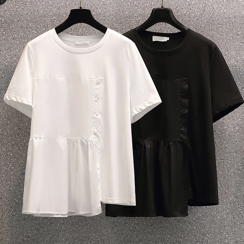

Women Black White Pleated Irregular Casual T-shirt New Round Neck Short Sleeve Fashion Plus size 4XL Tide Spring Summer 2022