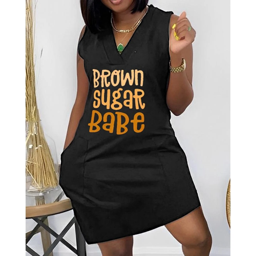 

Summer Women Brown Sugar Babe Print Sleeveless Pocket Casual Basics Dress Femme V-Neck Casual Mini Short Black Dress Elegant