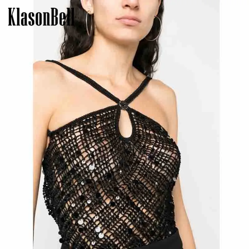 

4.29 KlasonBell Women Heavy Industry Sequins Crochet Hollow Out Knitted Spaghetti Strap Sexy Backless Short Tank Top