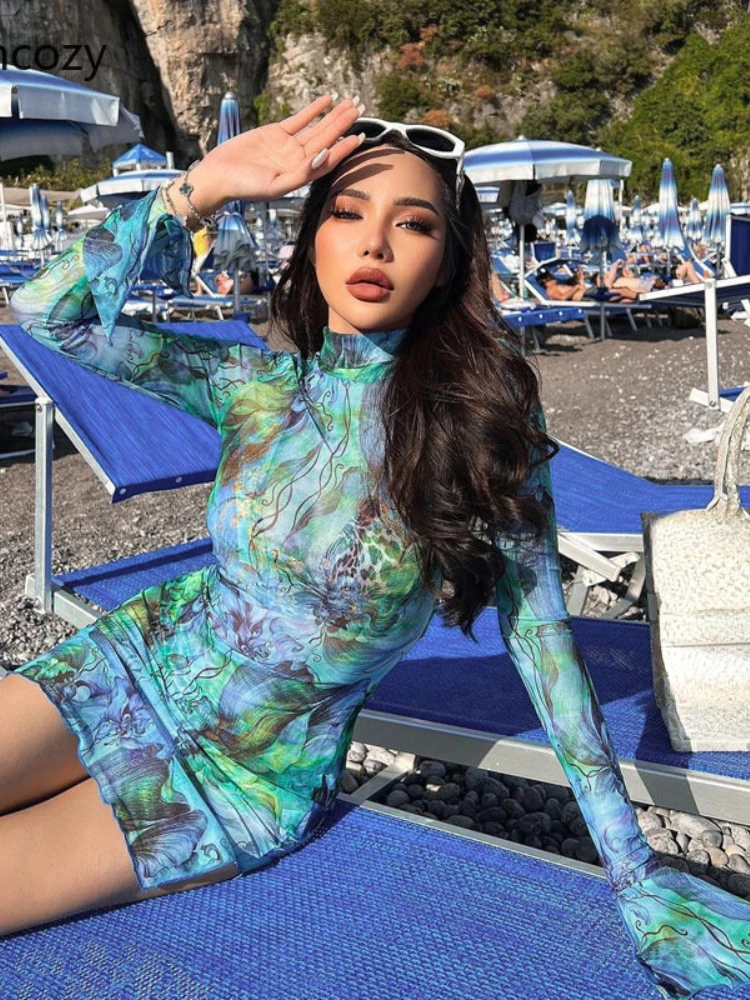 

Женское платье с длинным рукавом, тонкое платье с абстрактным принтом, осень 2022