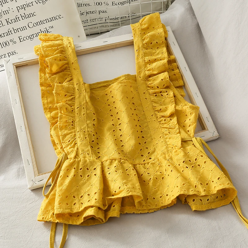 

Женская кружевная блузка с оборками, летняя рубашка в стиле "Лолита", хлопковая льняная одежда с вырезами, модная Корейская милая блузка, 2022