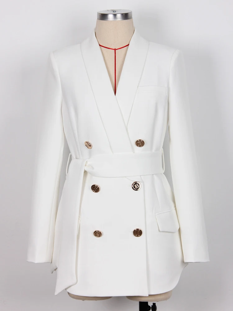 Elegant Lace Up Long Blazers for Women Jacket Coat Autumn Winter Double Breasted Party Office Outerwear Black White Tops