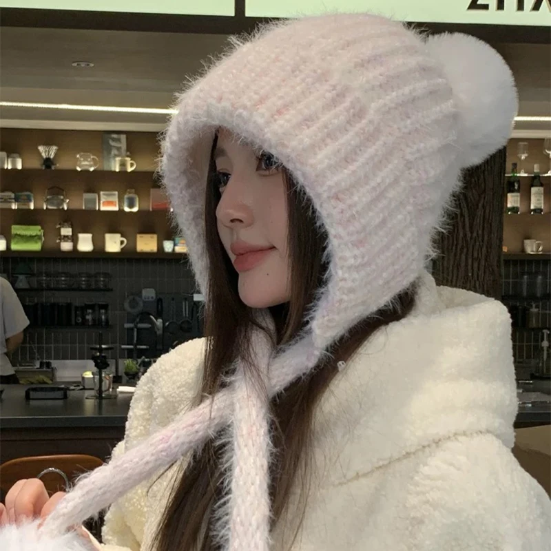 Осенне-зимние новые женские однотонные вязаные шапки с ремешками для волос