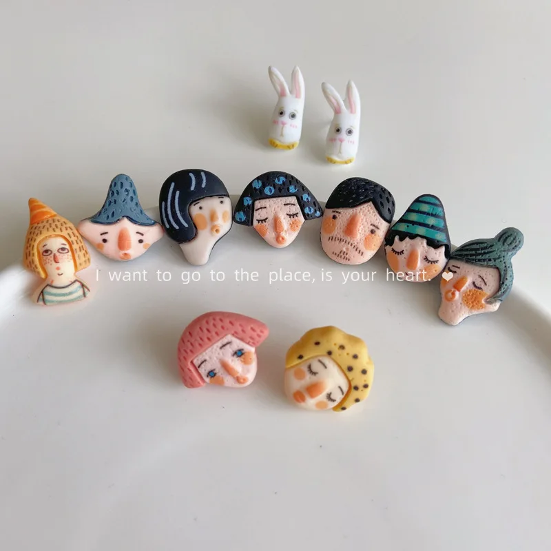 

Funny design, unique cartoon head, cute soft sister, silver needle earrings