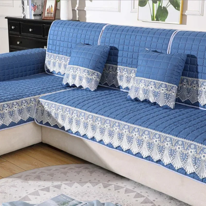 Хлопковый стеганый чехол для дивана цветочный синий клетчатый секционный