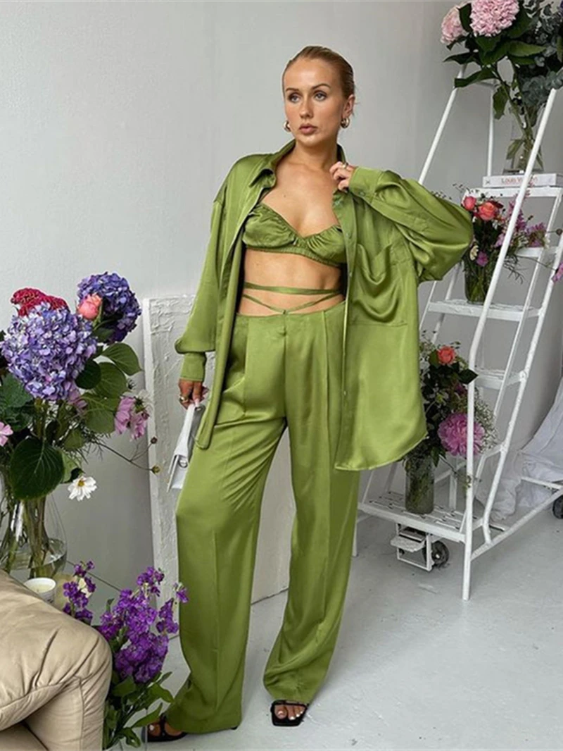 

Satin 3 Piece Pants Sets Women Summer Autumn Clothes Casual Loose Long Sleeve Blouse Top Bra Vest Wide Leg Trousers Suit Outfits