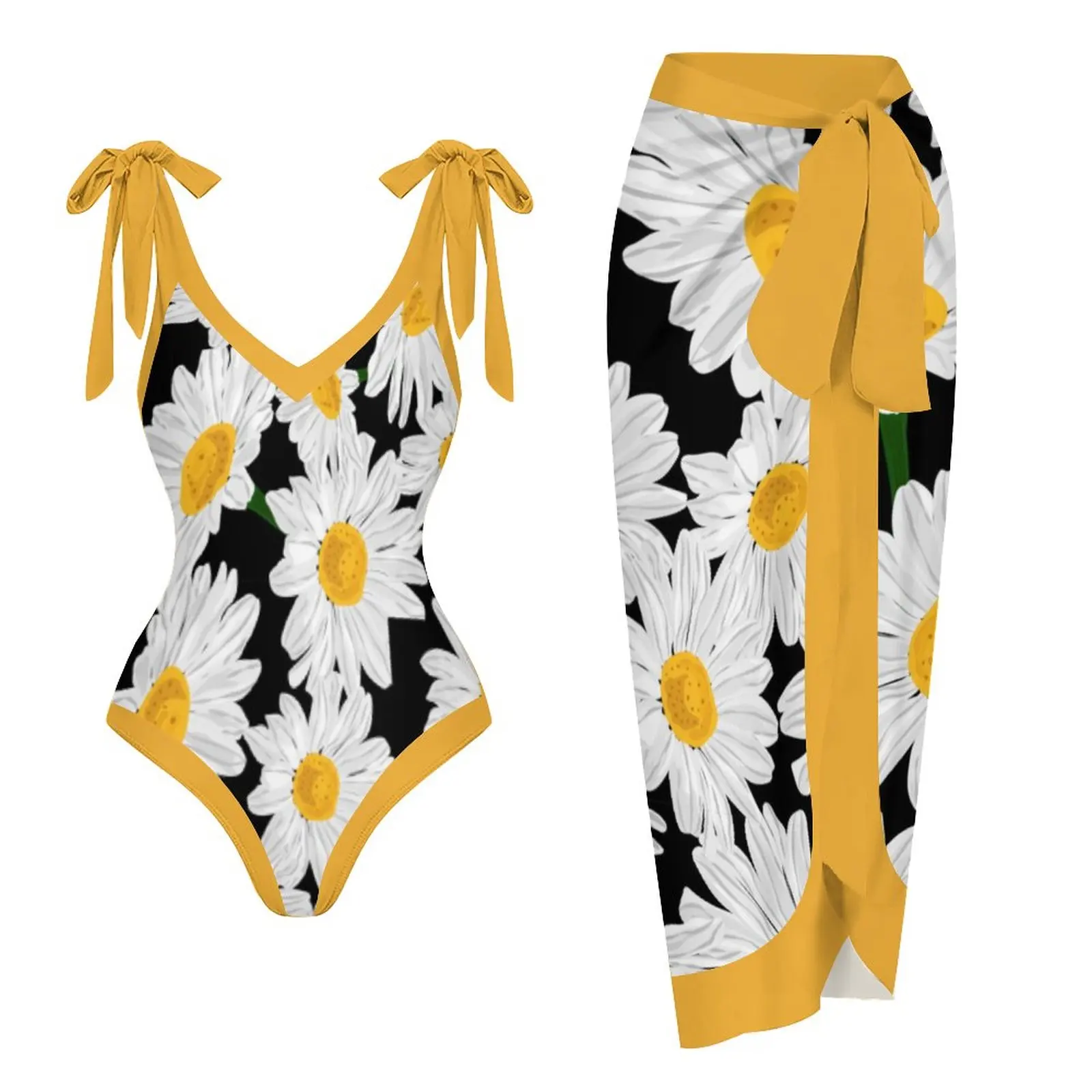 

Новый Желтый Купальник из двух частей с принтом ромашки и открытыми плечами, женский пляжный костюм для отпуска, купальник с юбкой, бикини с высокой талией, пляжная одежда