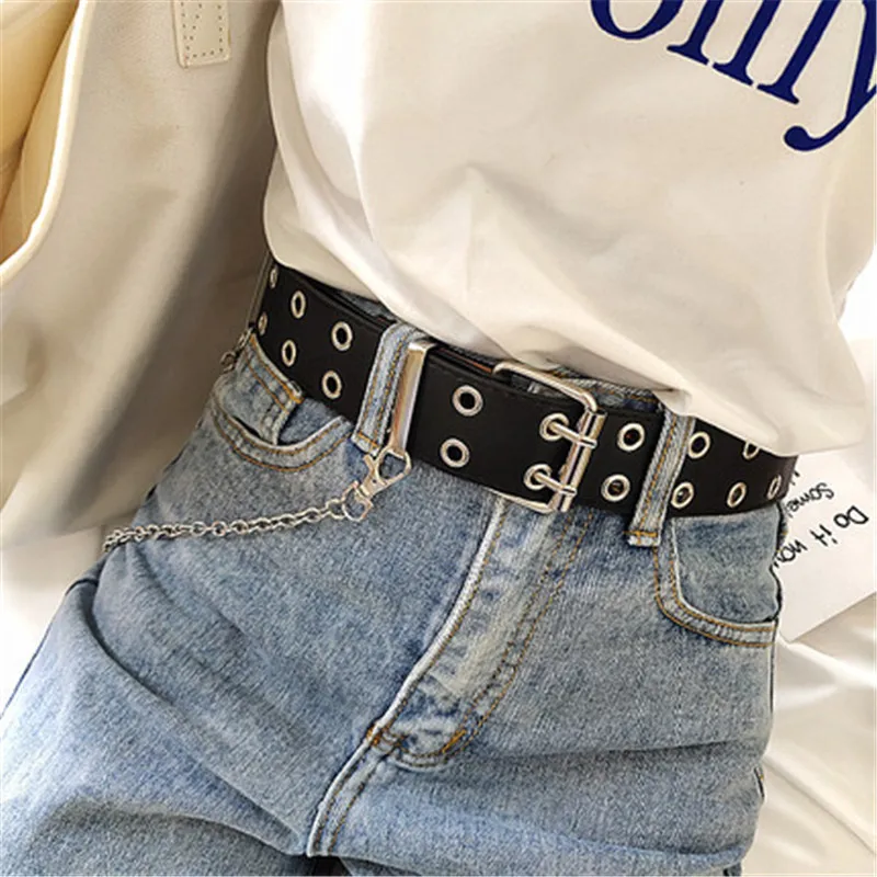 

Circle Eye Rivet Belt Goth Style Double Pin Buckle Woman Fashion Casual Puck Style Pu Leather Waistband Jeans y2k accessories
