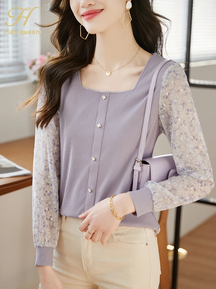 

H Han Queen Autumn Winner Korean Basics Women Patchwork Vintage Tops Long Sleeve Casual Chiffon Blouse Work Wear Office Shirts