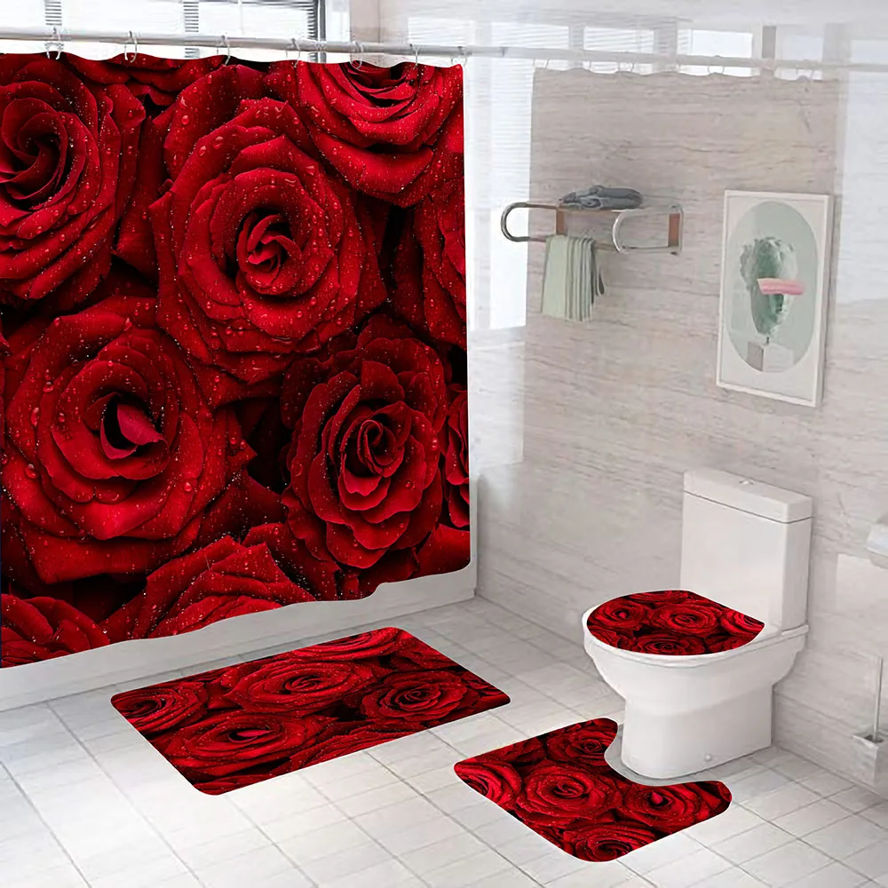 

Beautiful Rose Fabric Shower Curtain Red Flowers Bathroom Curtains Pedestal Rug Toilet Lid Cover Non-slip Carpet Bath Mats Rugs