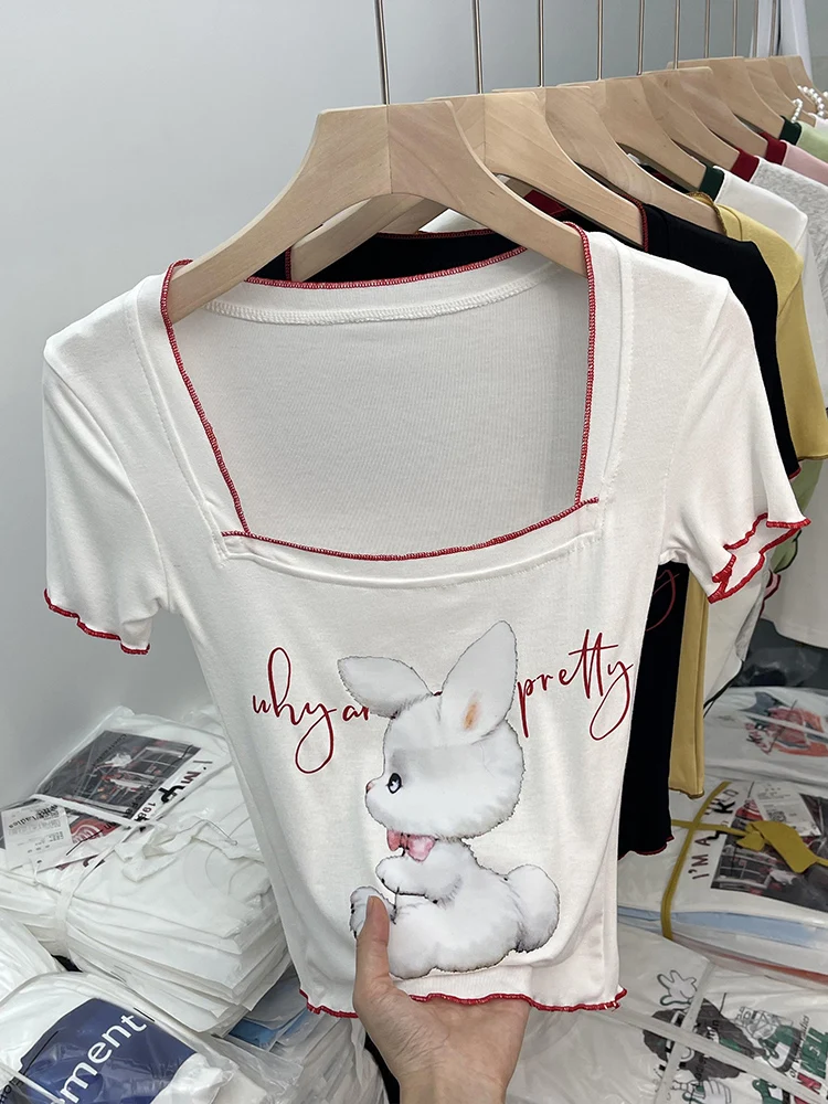 

Футболка Y2k женская с графическим принтом, винтажная уличная одежда в Корейском стиле Харадзюку, модная трендовая рубашка с квадратным вырезом, летняя одежда