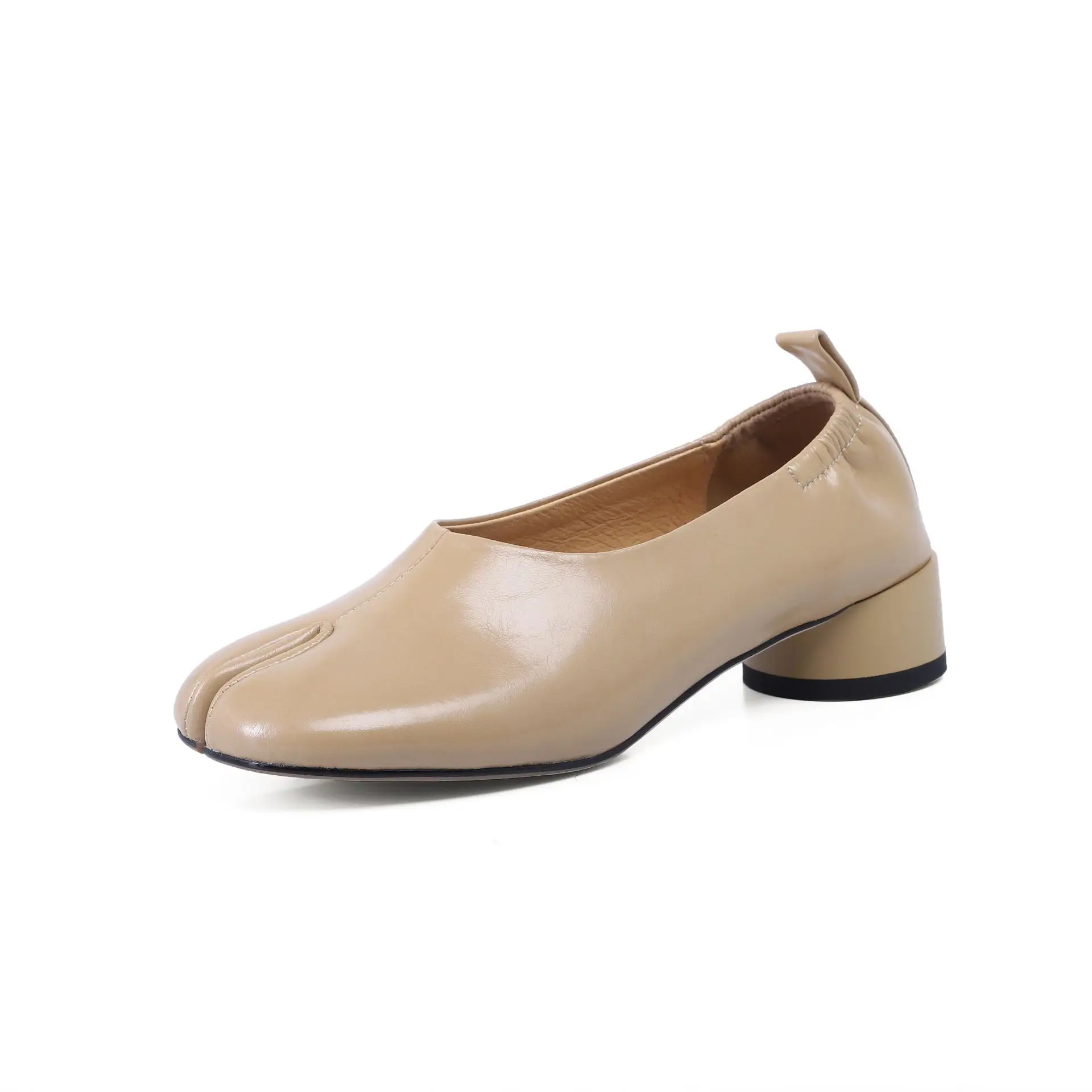 Vintage Split Toe High Heels Temperamental Soft Leather Chunky Pumps Horseshoe Loafers Elasticated Slip-On Women Shoes