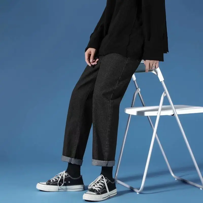 2023 New Spring and Summer Solid Color Tide Brand Men's Cargo Jeans Loose Light Blue Wide Leg Straight Trousers Pants