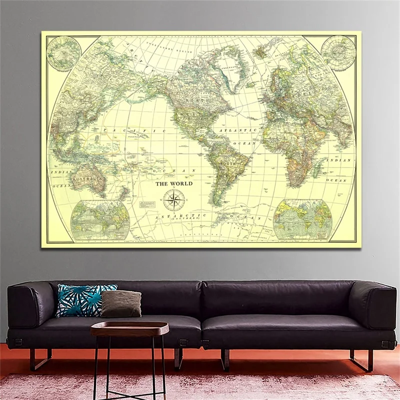 

225*150cm The World Map Wall Vintage Maps Decorative Poster and Print Canvas Painting School Supplies Living Room Home Decor