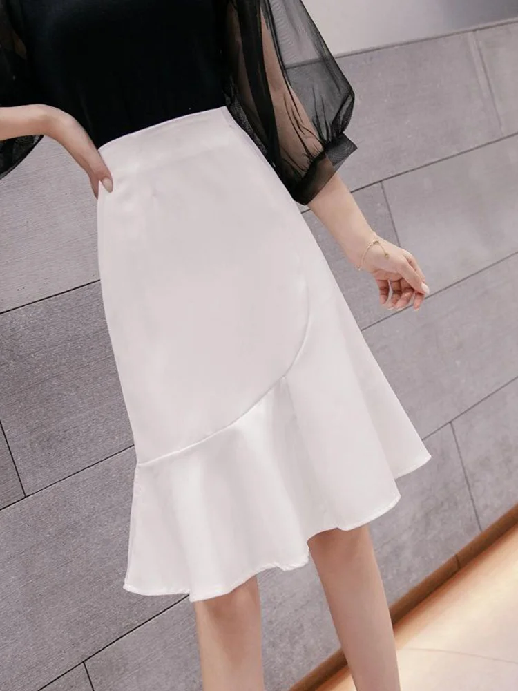 

Zeolore 2022 Summer Women's Solid Color Trumpet Midi Length Skirt White Black Skirt Elegant High Waist Skirt QT1775