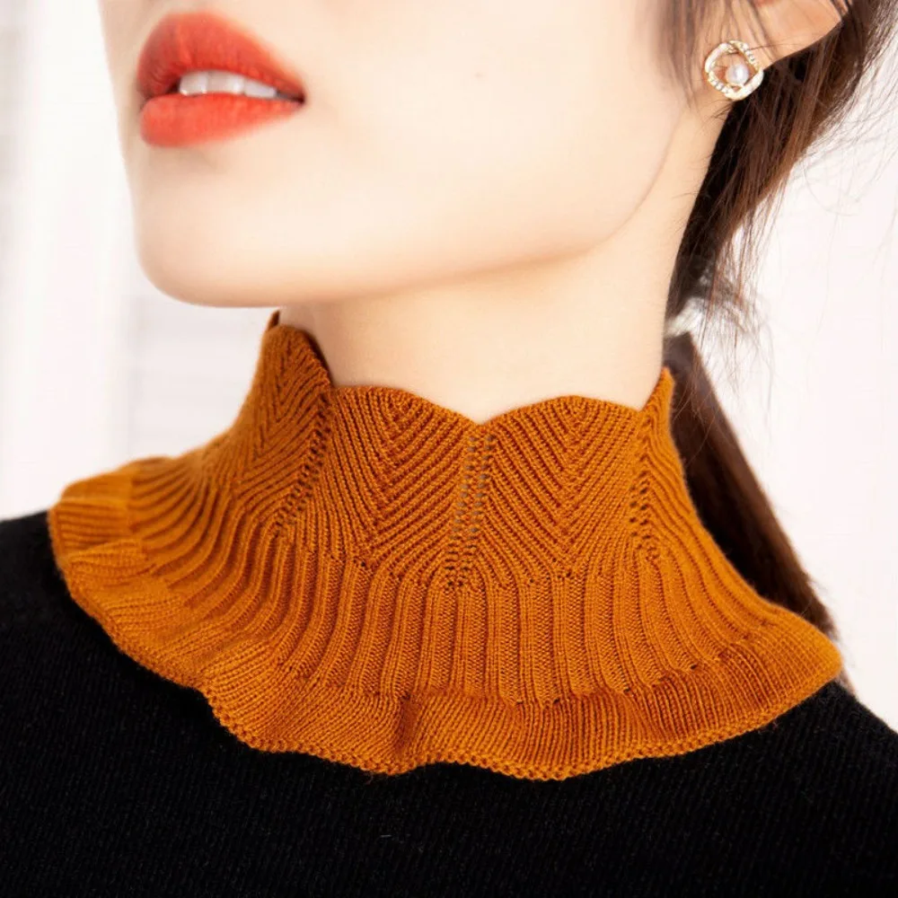 

Solid Color Winter Neck Wrap Korean Knit Lotus Leaf Jacquard Fake Collar Pullover Elastic Keep Warm Scarf Girl