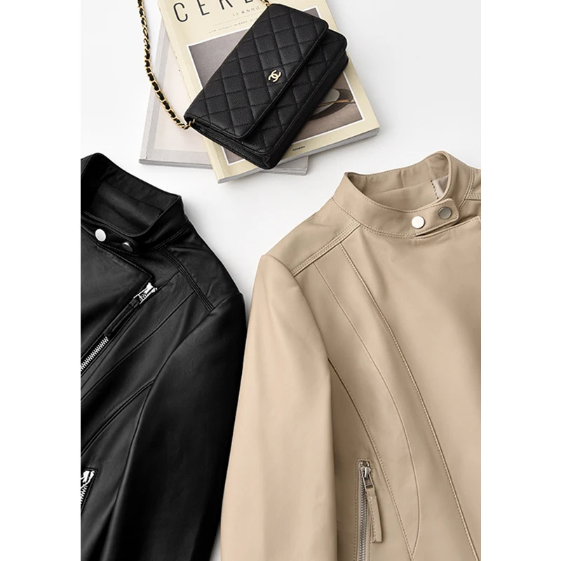 High-quality Sheepskin  Casaco Feminino Inverno 2023 Zippers  High Street  Real Leather Jacket Women  Zippers  Genuine Leather