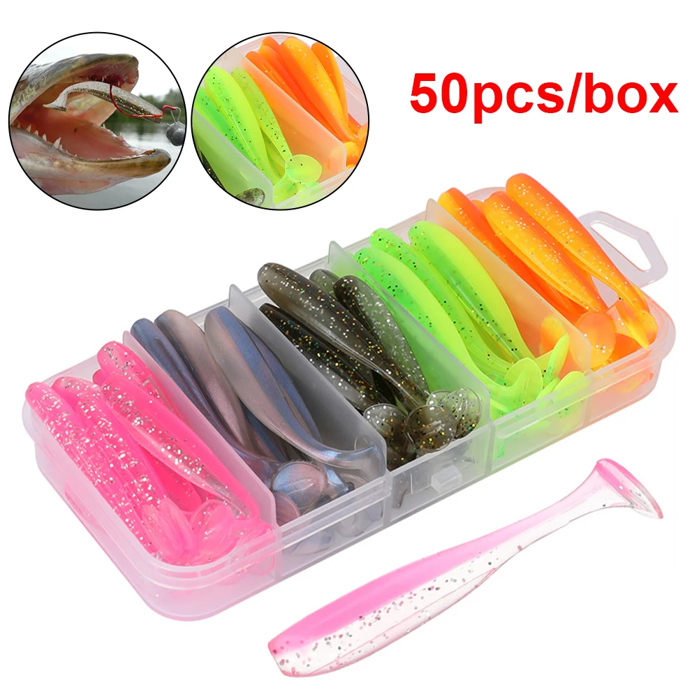 

Hot Sales 50pcs 5cm 5.5cm 6cm 7cm Soft T Tail Paddle Tail Baits with Box artificial Isca Pesca Wobbler Bass Minnow Lure Silica
