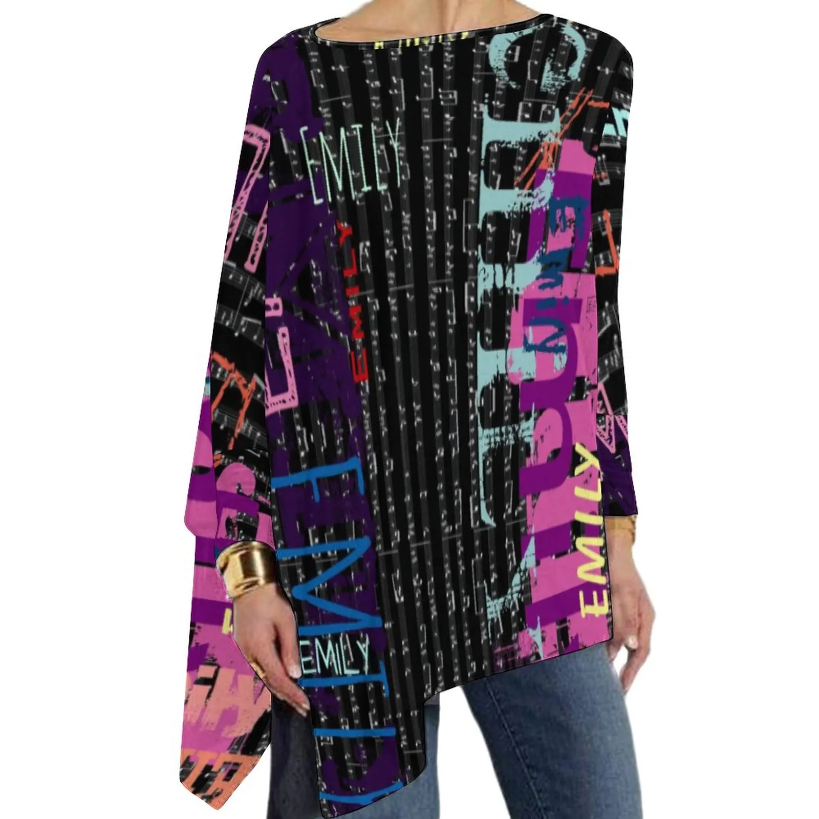 

Colorful Letter Print T-Shirts Music Notes Trendy T Shirt Women Long-Sleeve O Neck Fashion Tshirt Big Size Pattern Top Tees