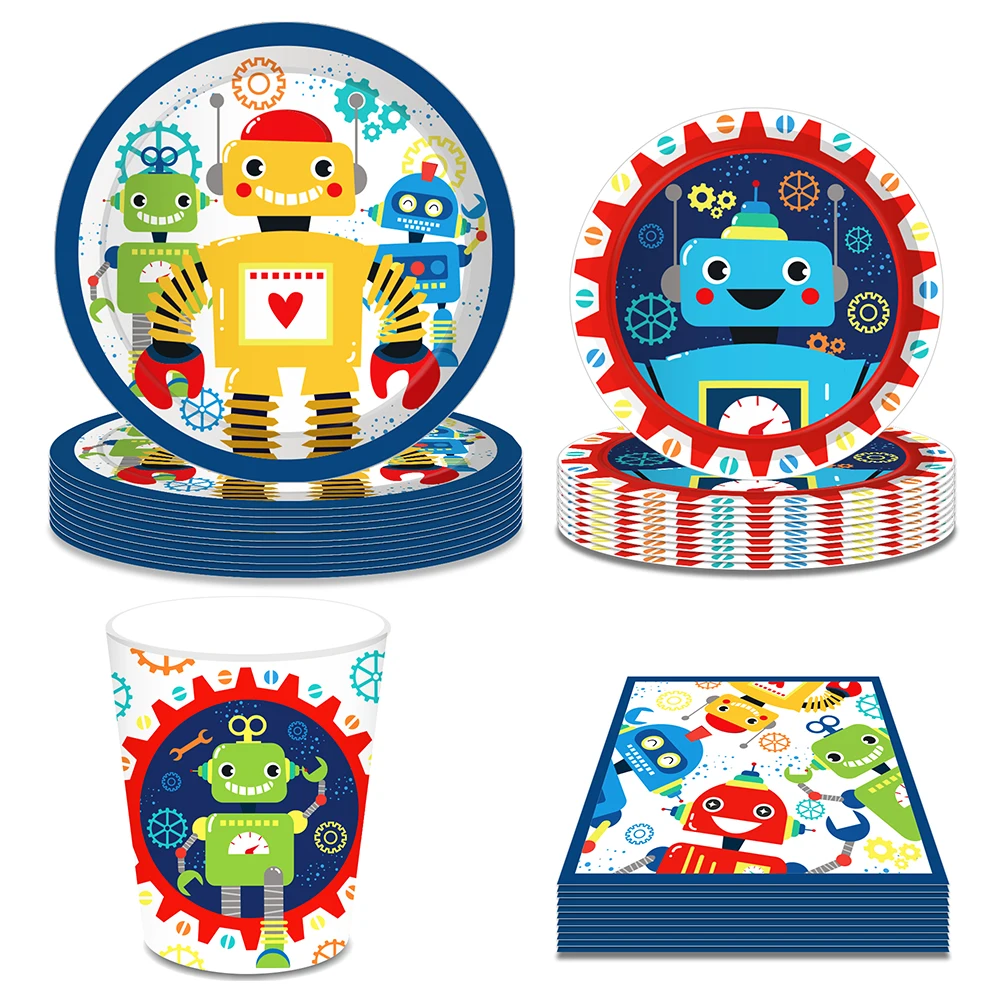 

Cartoon Mechanic Robot Birthday Party Disposable Tableware Sets Paper Plates Napkins Cups Baby Shower Wedding Party Decorations