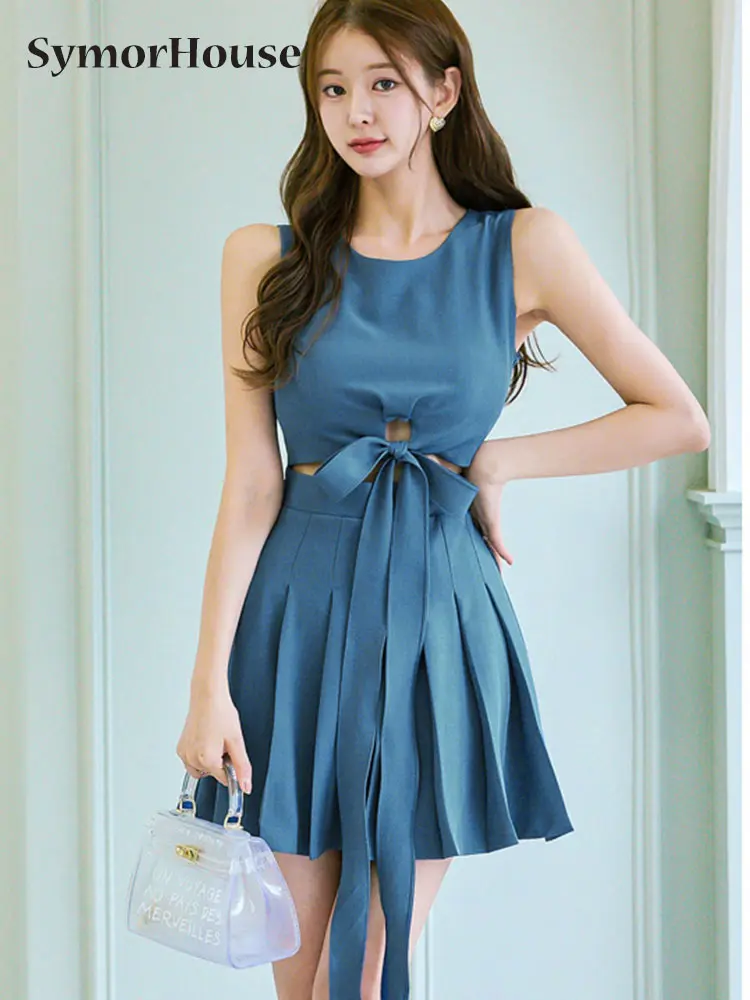 

2023 корейские летние плиссированные платья, женское приталенное офисное платье в стиле ретро, элегантное простое платье-трапеция со шнуровкой, платья без рукавов
