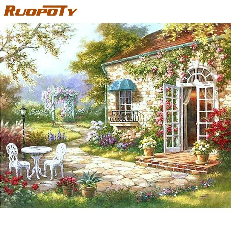 

RUOPOTY DIY Pictures By Number Courtyard Kits Hand Painted Paintings Art Painting By Numbers Scenery Drawing On Canvas Home Deco