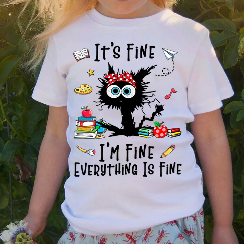 

Explosion Cat Children's Short Sleeve Clothing I Am Fine Everything Is Fine Print Boys Girls Cartoon Round Neck T-Shirts Tops