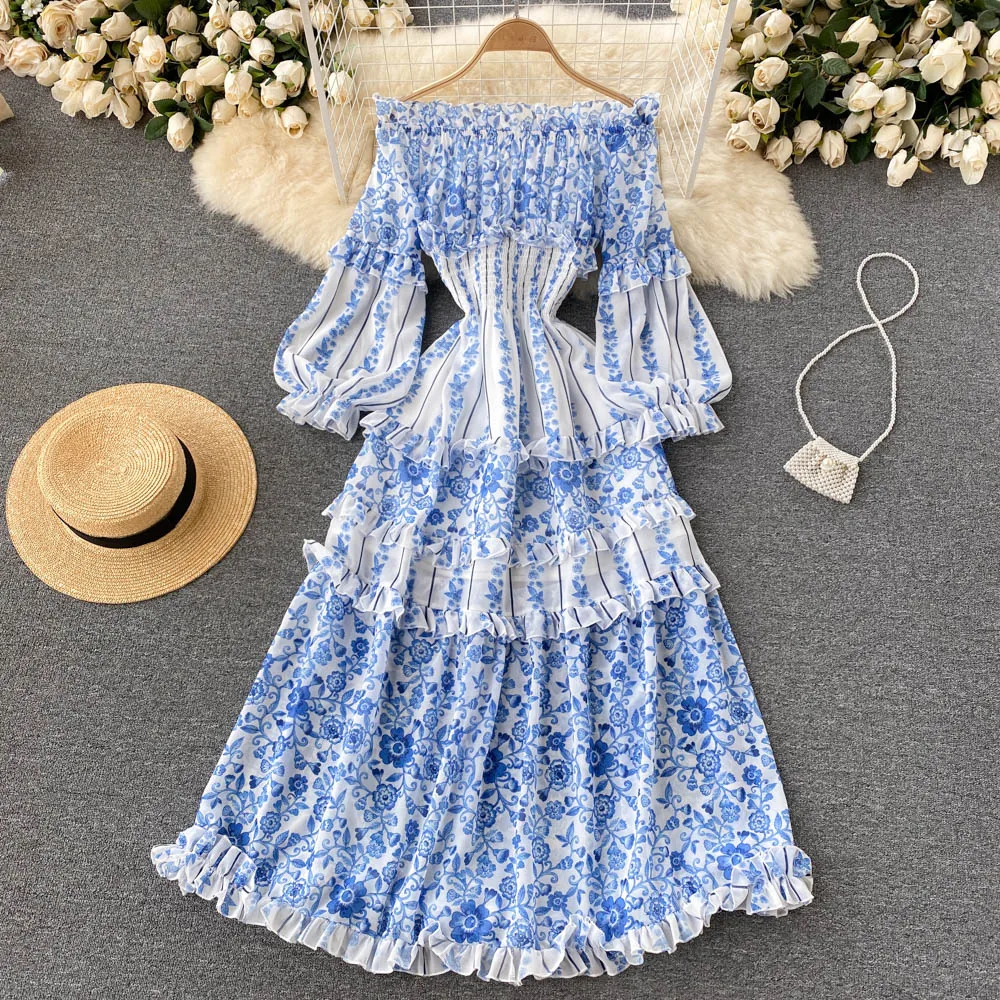

Court Retro French Word-neck Blue and White Porcelain Print High-end Puff Sleeves Western Style Waist-length Dress