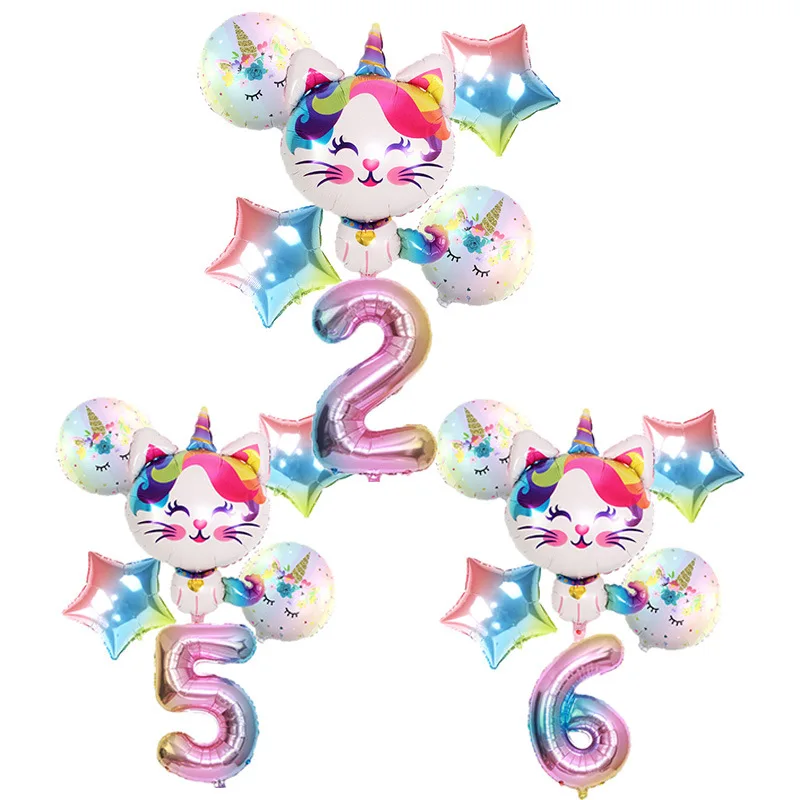 

6pcs Unicorn Cat Foil Balloon Package Gradient Digital Birthday Unicorn Balloon Set Baby Shower Birthday Decoration Girl