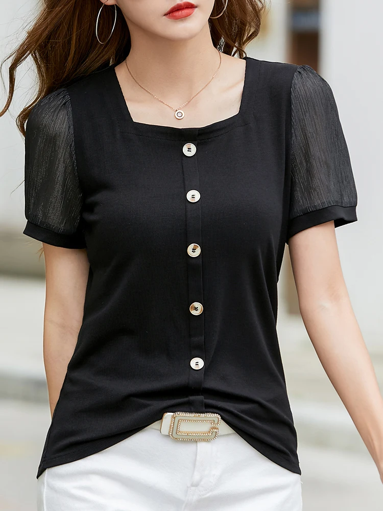 

T Shirt Cotton Button Women Tshirt Square Collar Top Casual Short Sleeve Tees 2022 Summer Korean Fashion Women Clothing T-shirts