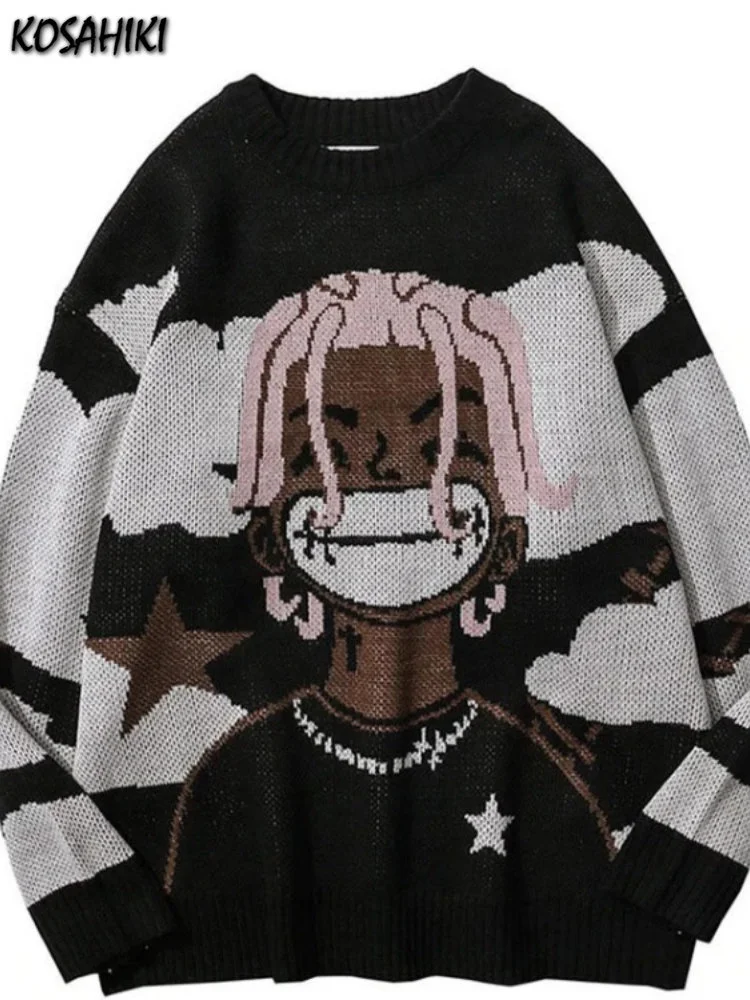 

Harajuku Vintage Cartoon Anime Knitted Sweater Women Men Oversized Rock Hip Hop Rap Pullover Jumper Ugly Sweaters