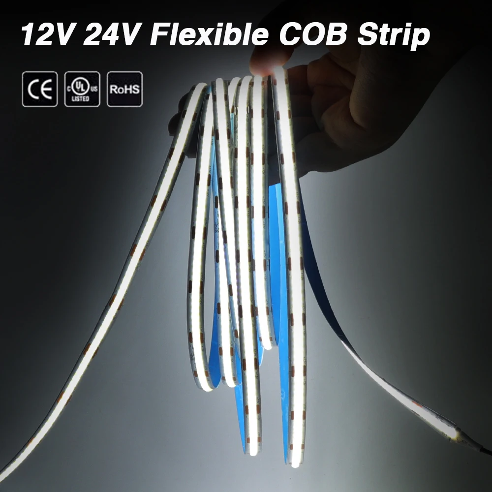 DC 12V 24V COB Strip 320Leds/M RA90 Width 8MM Warm/Natrual White High Density Flexible Ribbon Rope FOB LED Strip Light