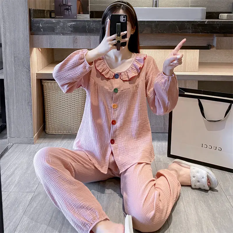 QWEEK Sleepwear Women's Cotton Pajamas for Sleep Kawaii Color Buttons Pijamas Autumn Winter Home Clothes Negligee Sets Female