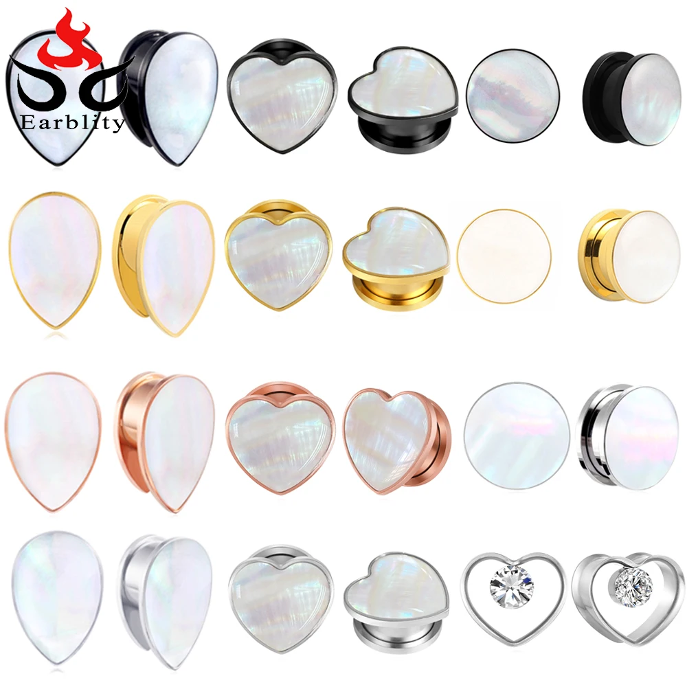 

Earblity 2PCS Mother of Pearl Heart Crystal Ear Plugs Gauges Hypoallergenic Stainless Stee Ear Tunnels Piercing Body Jewelry