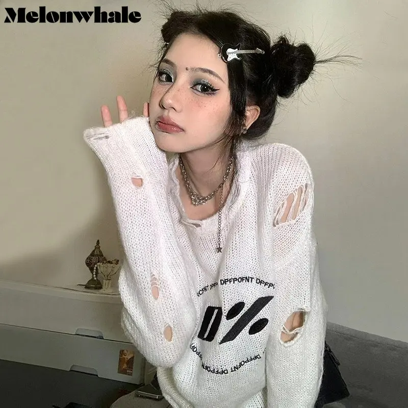 

MelonWhale Loose Fit Oversized Sweater Hollow Out Grunge Harajuku Gothic Hole Broken Knitted Pullover Fairycore Clothes Y2k M180