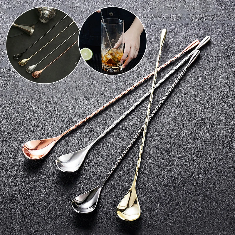 

Stainless Steel Long Handle Thin Spiral Cocktail Spoons Teardrop Scoops Bartender Stirring Tools Kitchen Supplies Accessories