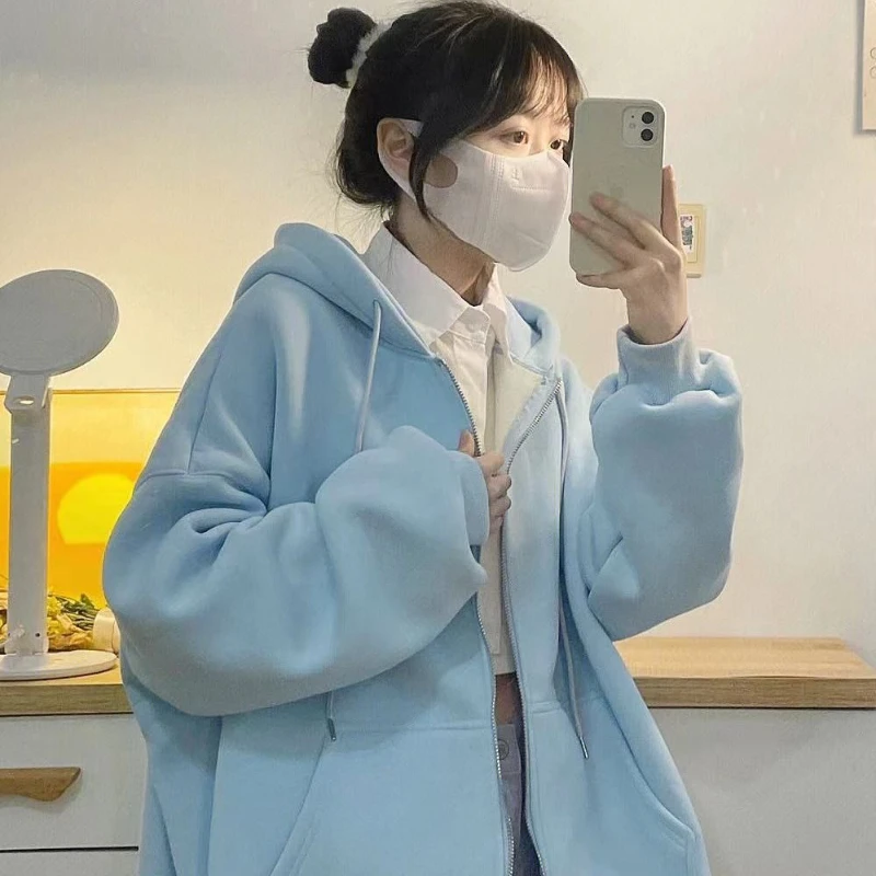 

Deeptown Oversized Zipper Hooded Jacket Women Harajuku Fashion Japanese Winter Warm Jackets Female Loose Korean Streetwear Coat