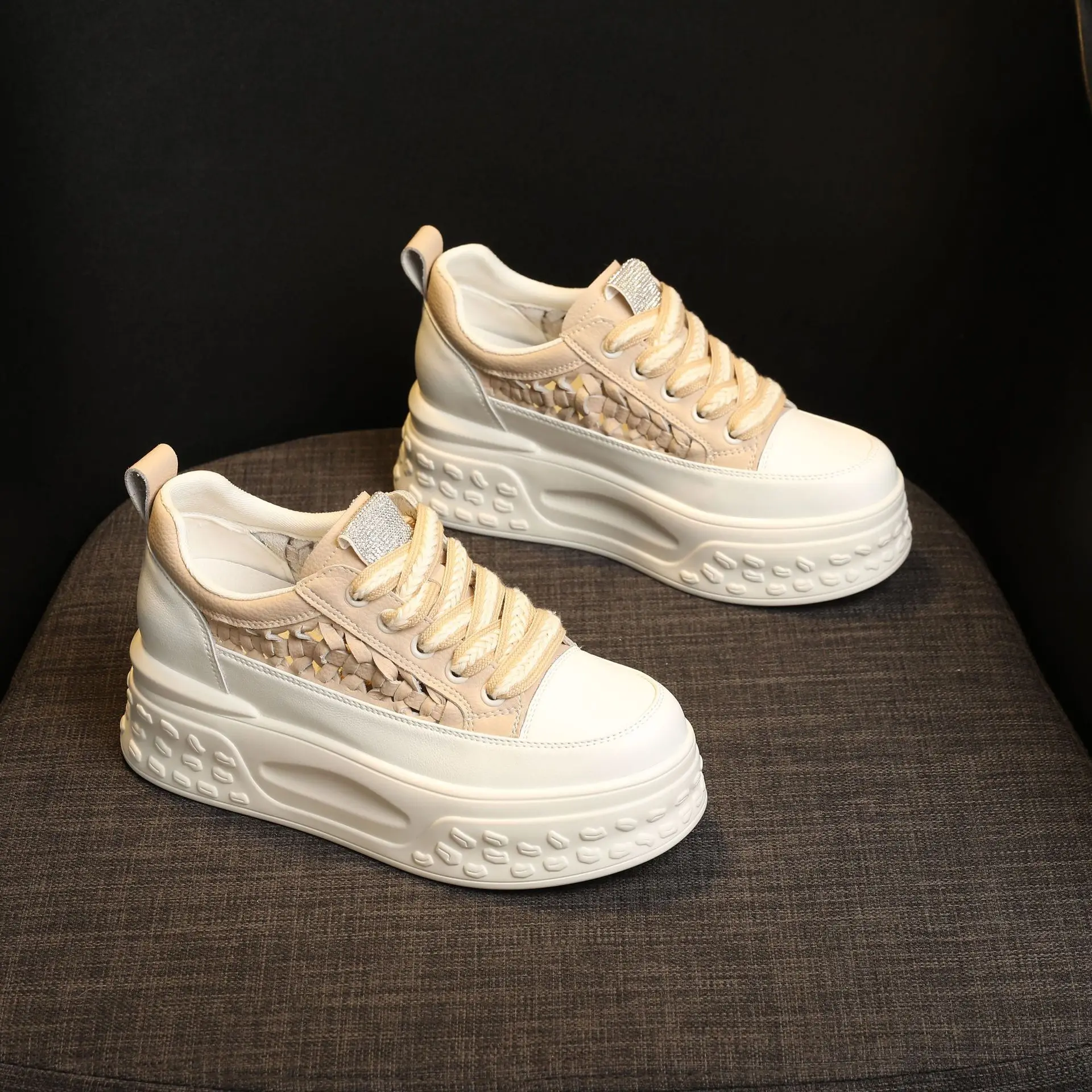 7cm 2023 Hollow Weave Design Genuine Leather Women Casual Summer Platform Wedge Chunky Sneakers Vulcanize Breathable Shoes