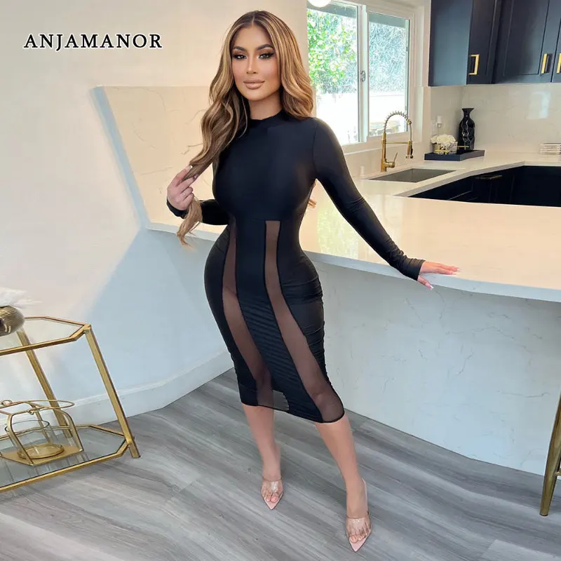 

ANJAMANOR See Through Mesh Insert Black Dress Sexy Nightclub Outfits for Women Fall Winter Long Sleeve Bodycon Dresses D82-CZ26